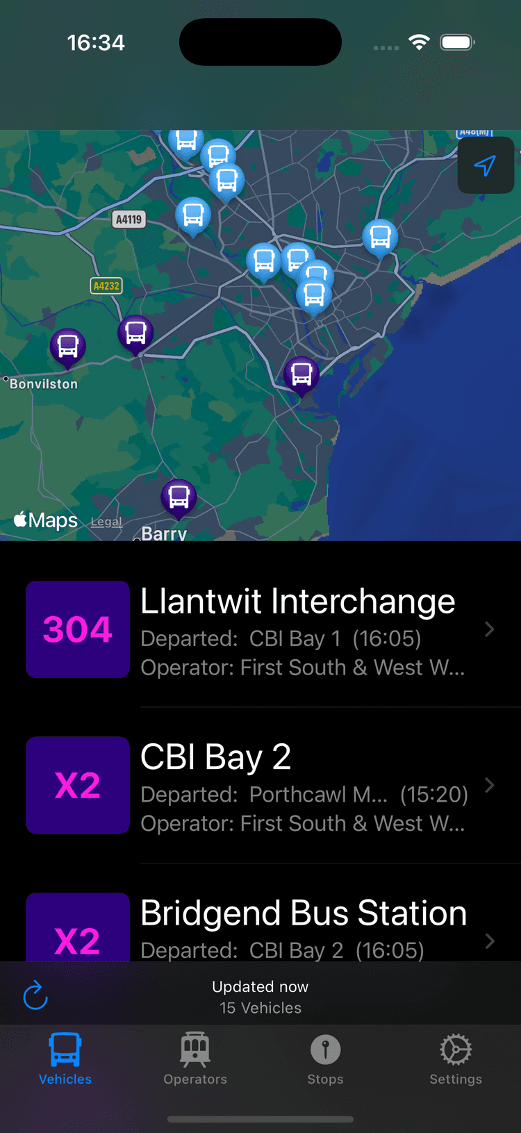 Main view showing buses around Cardiff, UK