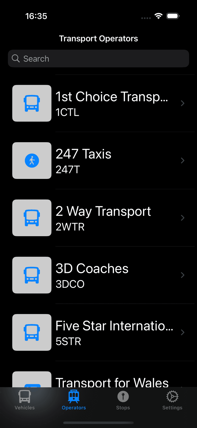 View showing list of transport operators
