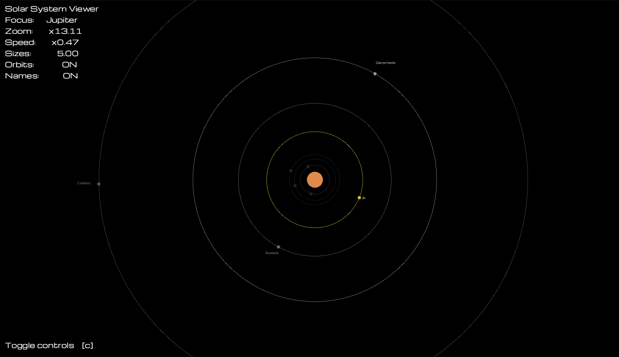 Zoomed view of Jupiter showing the Galilean moons enlarged