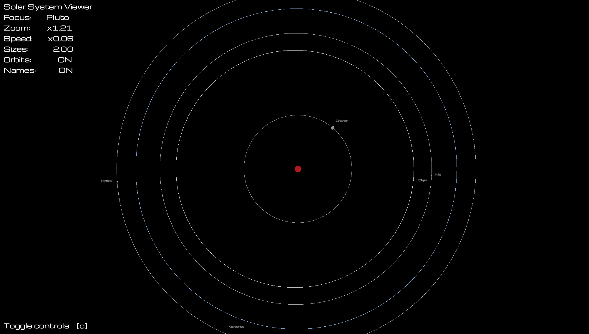 Pluto view showing some of the limitations of the simulation. Pluto is fixed, and Charon orbits the centre of Pluto