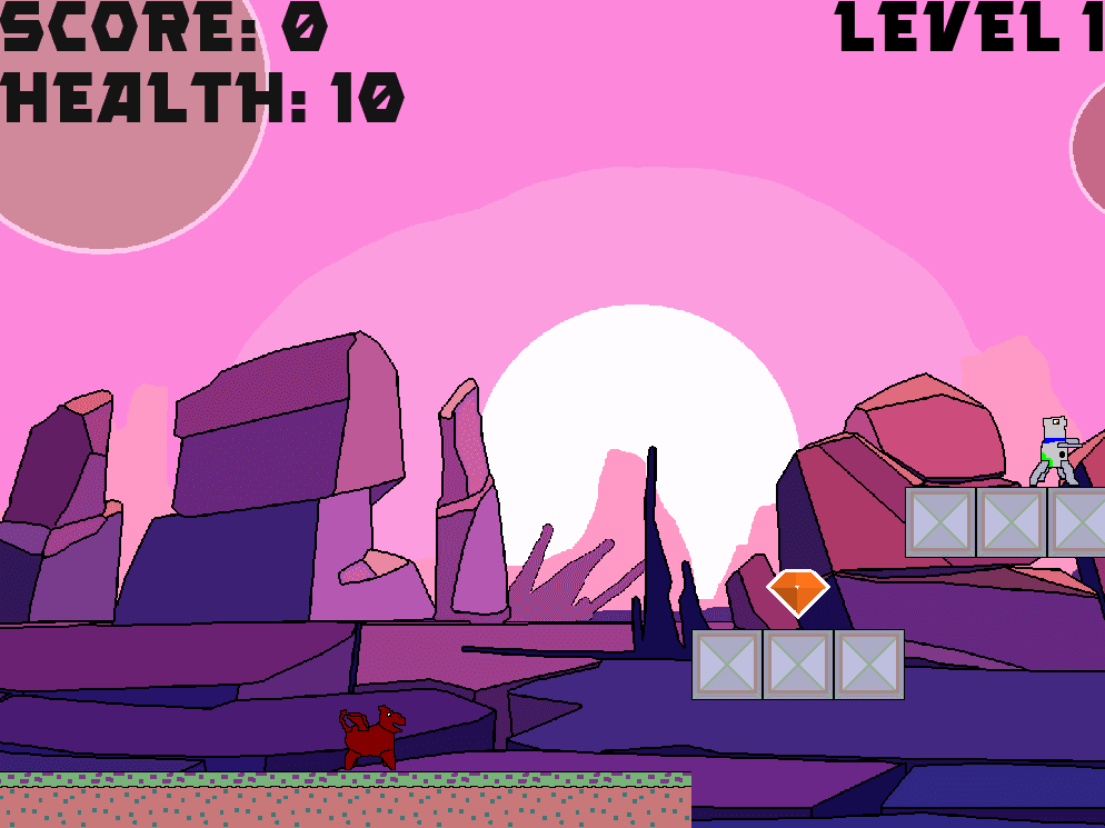 Screenshot of the platformer game features a a controlable character, platforms, loot, an enemy, a points total, total health, and level indicator.