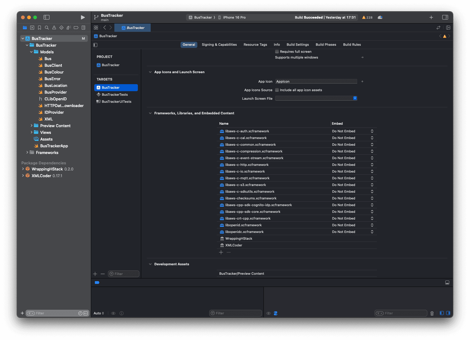 Image showing the Frameworks, Libraries, and Embedded Content section in XCode