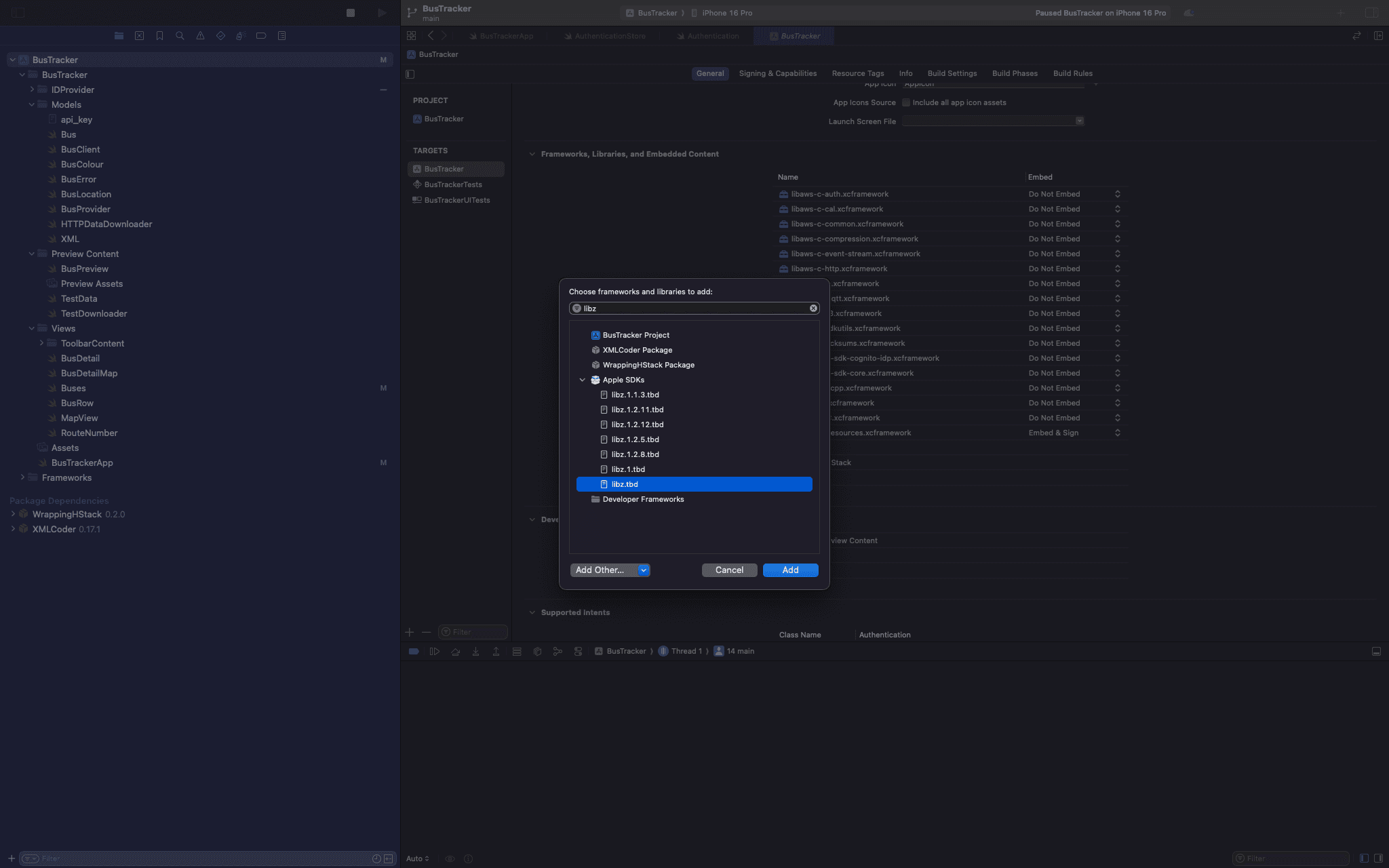 Image showing libz.tbd in the list of Apples SDKs.