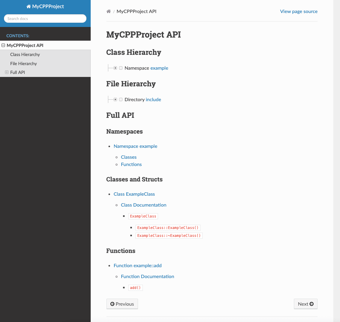 The MyCPPProject API documentation page generated by Exhale