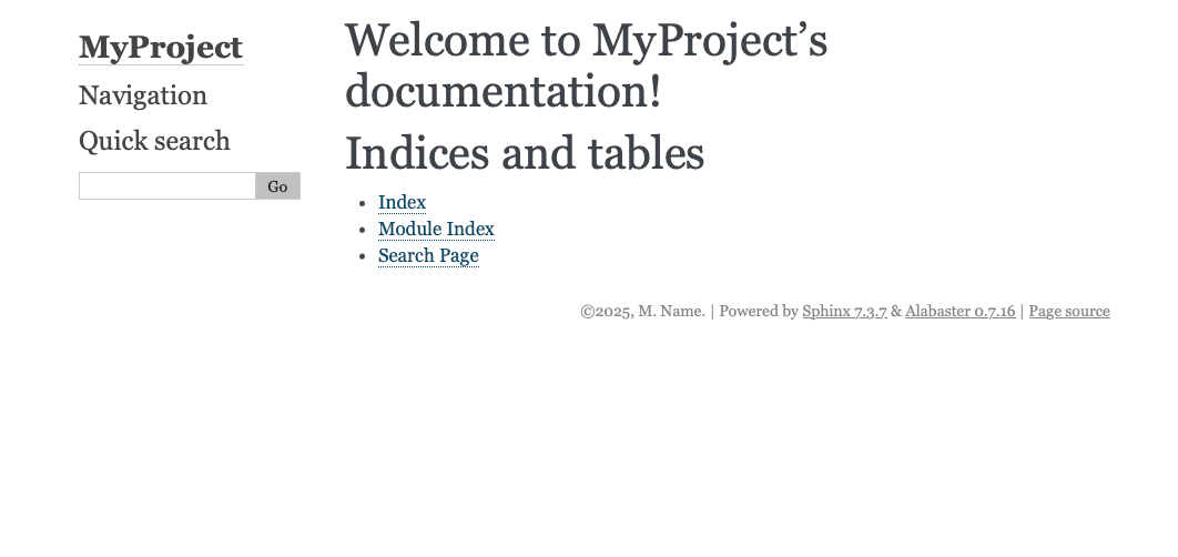 Image showing the default documentation with the alabaster theme.