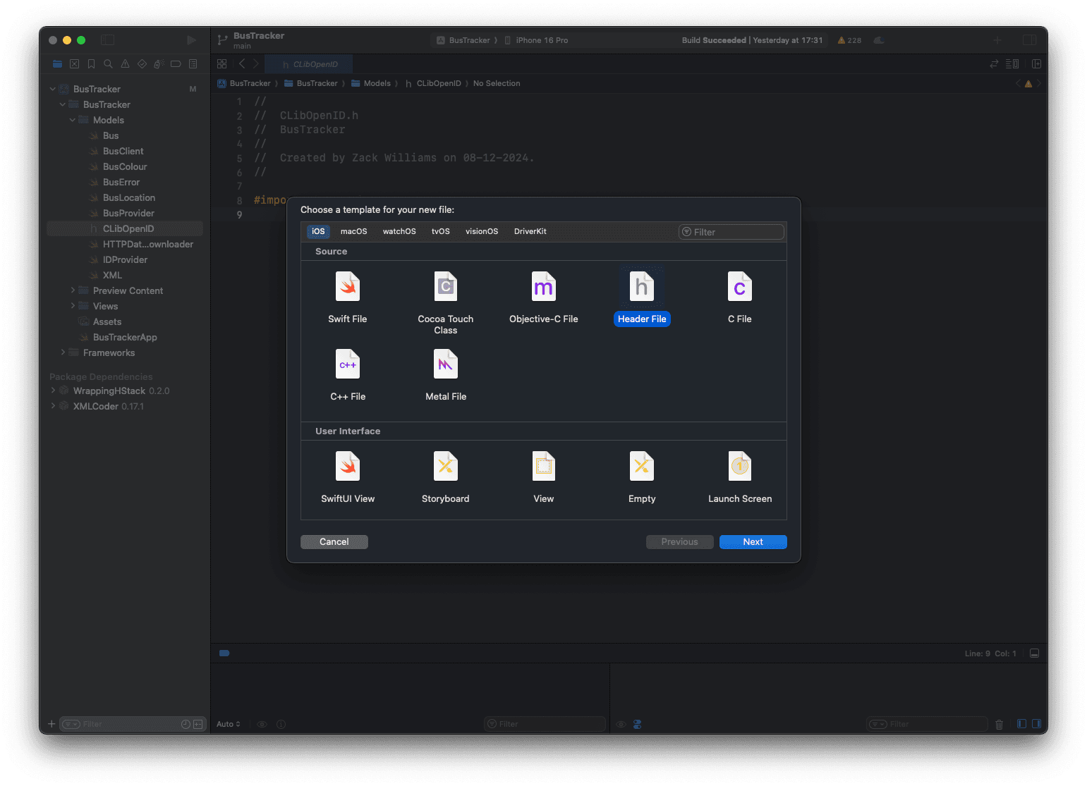 Image showing the creation of a Header file in XCode