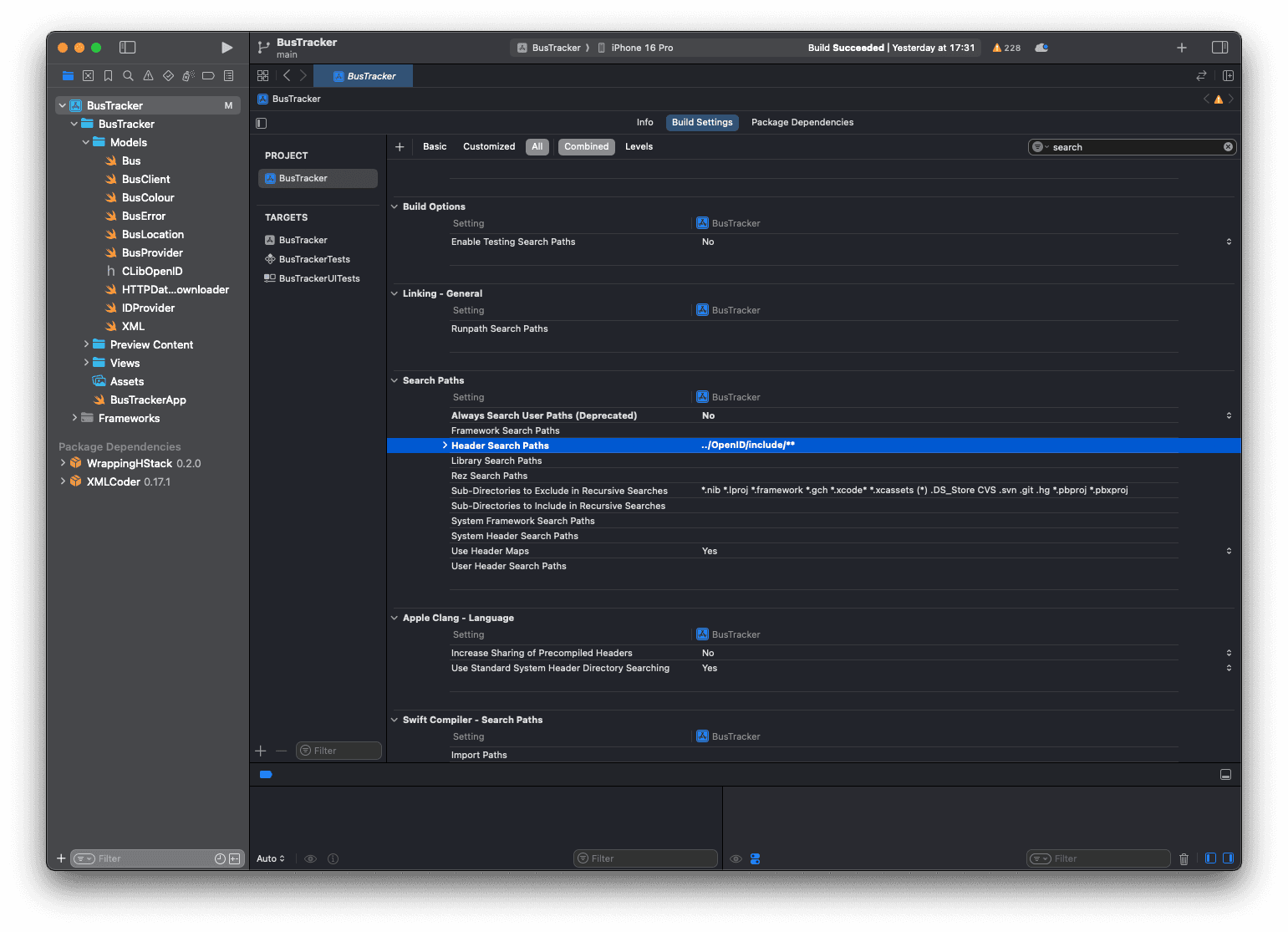 Image showing the Header Search Paths option in the BusTracker project settings
